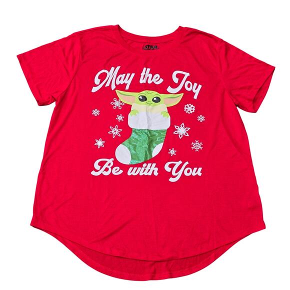 Star Wars Baby Yoda The Child Grogu Red MAY THE JOY BE WITH YOU Christmas Shirt - Picture 1 of 6